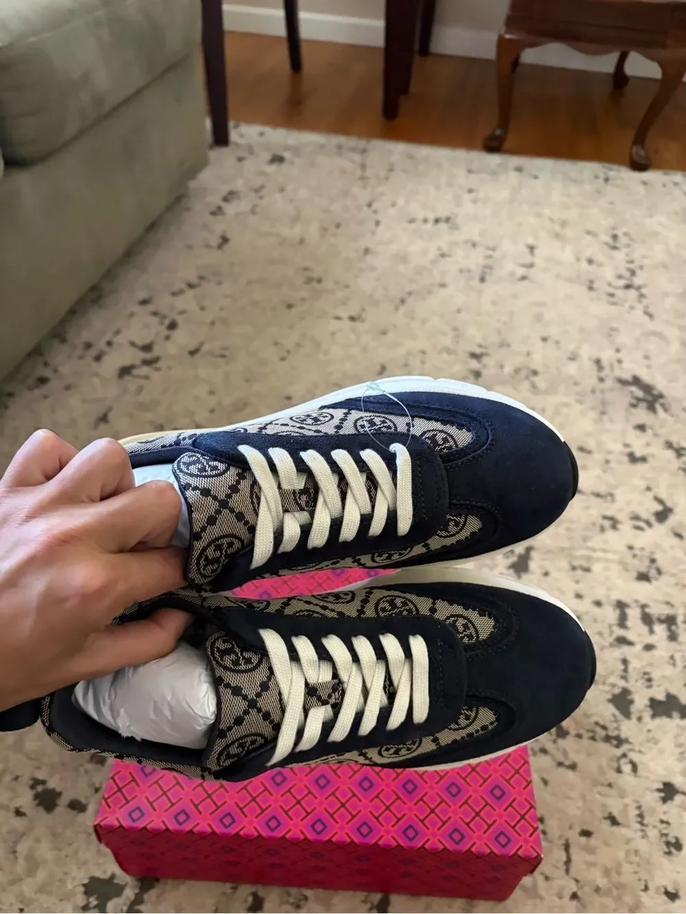 Tory Burch T Monogram Good Luck Trainer Sneakers Navy Size 9